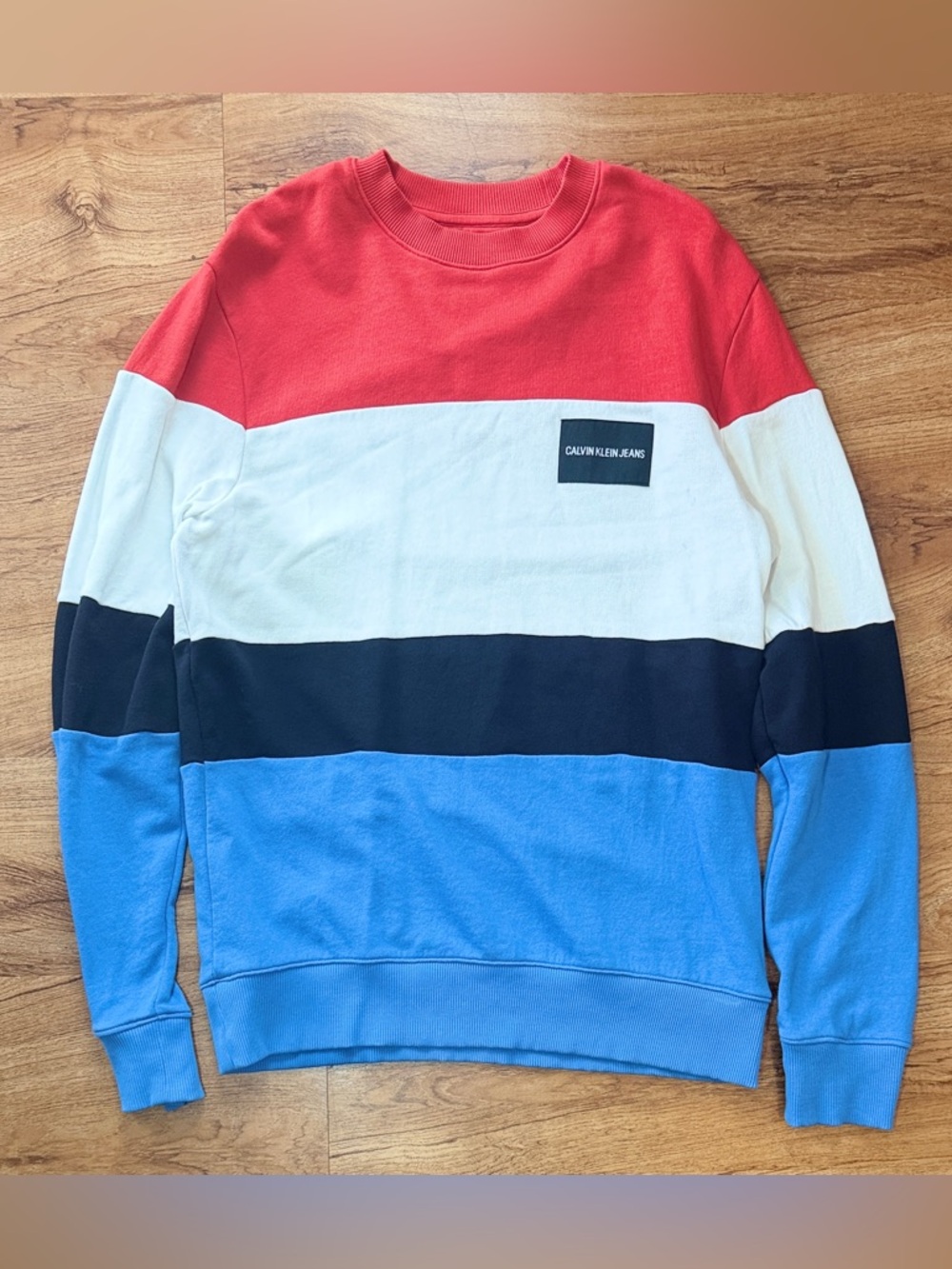 Calvin Klein Jeans Colorblock Crewneck Sweater in Red, White, Black & Blue